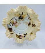 Antique Victorian Art Glass Ruffle Handpainted Bowl Large Floral - £132.07 GBP