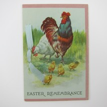 Easter Greeting Card Rooster Chicken &amp; Yellow Chicks Blue Ribbon Bi-fold Antique - £7.90 GBP