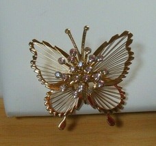 Vintage Signed Monet Gold-tone Wired Filigree Rhinestone Butterfly Brooch - £15.06 GBP