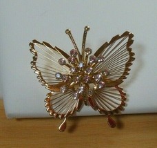 Vintage Signed Monet Gold-tone Wired Filigree Rhinestone Butterfly Brooch - £14.99 GBP