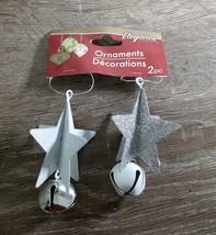 Christmas Ornament Set Of 2 Stars With Bells, Glittery. Silver and White... - $13.81