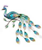 Peacock Feather Design Wall Plaque 43&quot; High Metal Opalescent Cut Out Accents - £101.17 GBP