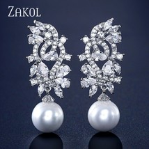 ZAKOL Imitation Pearl Leaf Collection Full Micro Cubic Zirconia Pave Women Brida - £14.73 GBP