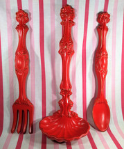 SWELL Mid Century 3pc Arner&#39;s Ceramic Fork Spoon &amp; Ladle Poppy Red Wall Art Trio - £46.36 GBP