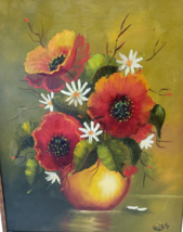 Original Oil Painting on Canvas Red Orange Poppies In Vase Still Life Signed  - £119.03 GBP