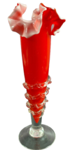 Vintage Red White Art Glass Bud Vase With Rigaree Design Ruffle Top 9.25&quot; tall - £15.46 GBP