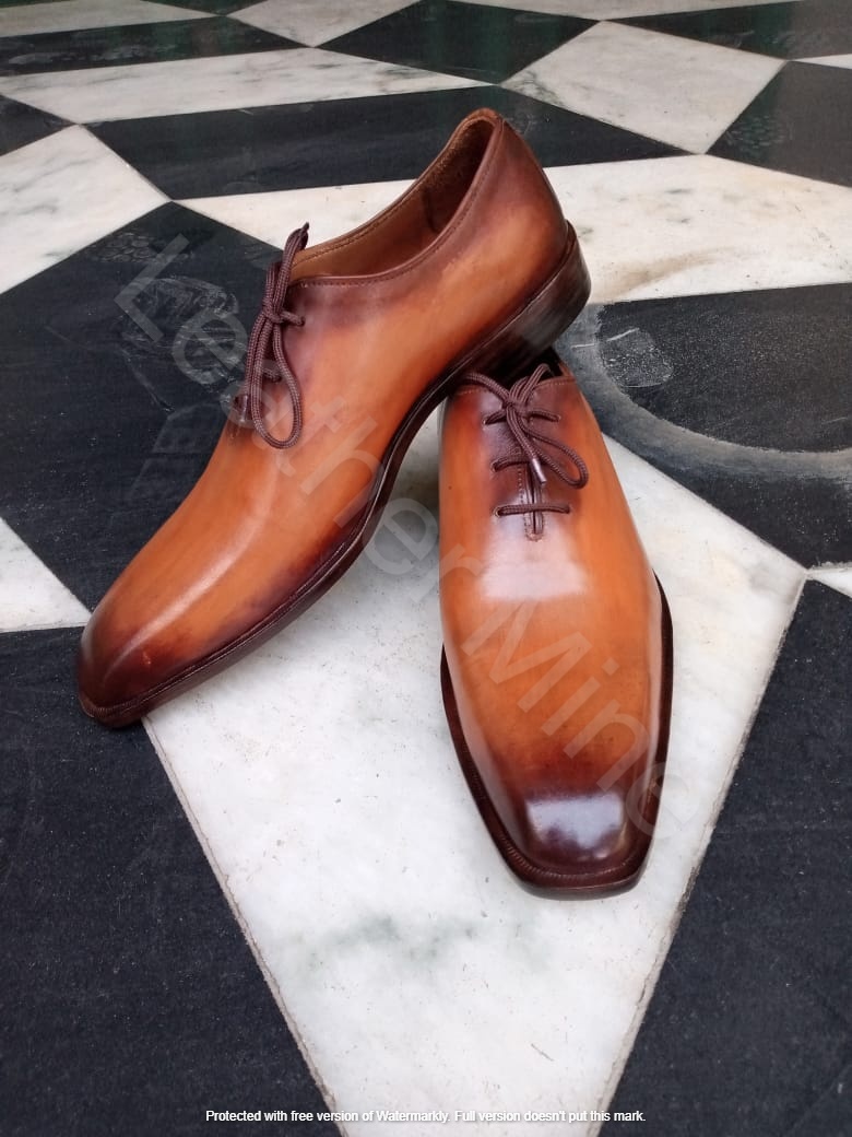 Handmade Tan Patina Whole Cut Leather Oxfords Dress Shoes For Men