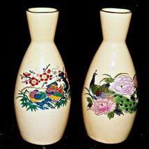 Pair Vintage Satsuma Japanese Peonies Peacock Mandarin Ducks Sake Bottles 4 oz - £63.94 GBP
