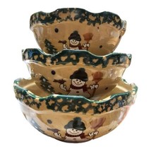 3 Pottery Mixing Serving Bowls Snowman Winter Scene Oven Microwave Freezer Safe - £15.56 GBP