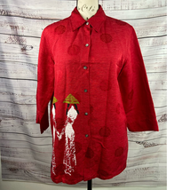 Chicos 0 Button Tunic Shirt Womens S 4 Red Oriental Silk Linen Collar 3/... - $18.00