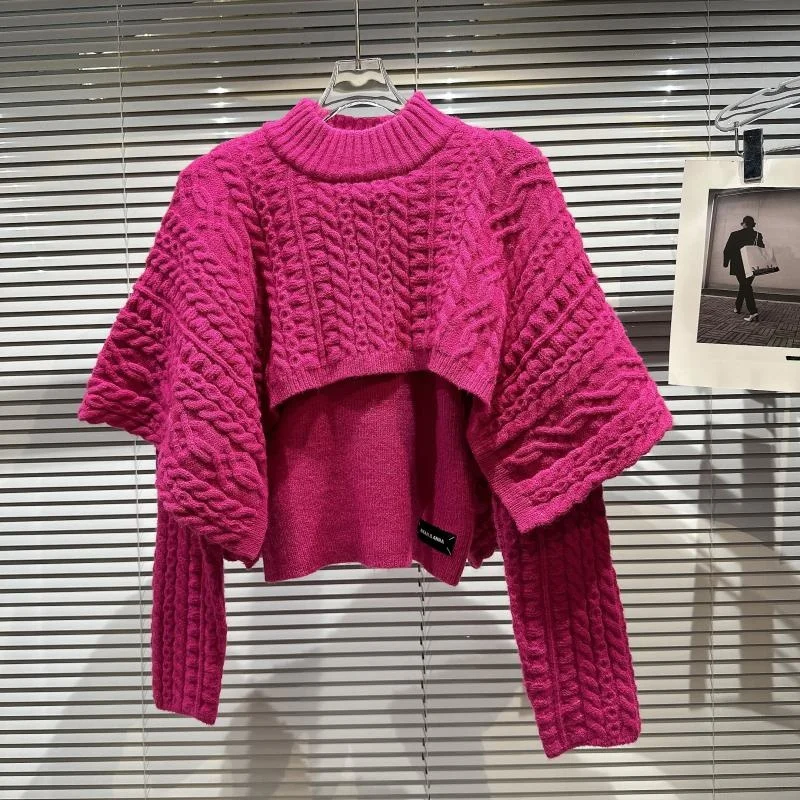 PREPOMP  Winter Long Sleeve Round Neck  Shawl Rose Red  Women Loose Knit... - $199.17