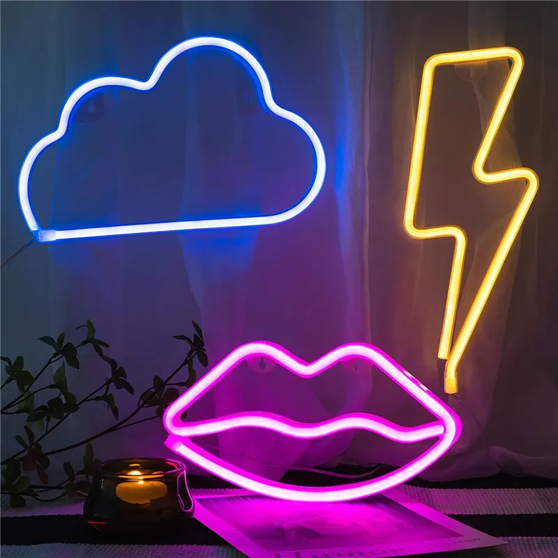 Camping Light LED Neon Lightning Clouds Lips Shaped Sign Neon Light Wall Lamp - £16.29 GBP