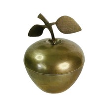 Vintage Brass Apple Trinket Dish Candy Box w/ Leaf Handled Lid Made in India 6&quot; - £22.41 GBP