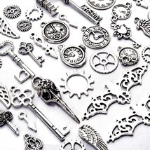 4 Steampunk Charms Skull Pendants Skeleton Keys Gears Wings Assorted Lot Mixed - £2.95 GBP