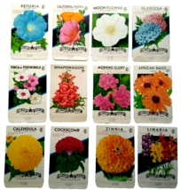 Vintage 1950&#39;s Flower Seed Packs EMPTY Lot 12 Petunia Poppy Moon African Daisy - £16.04 GBP
