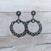 Extra Large Stud Earrings Dangle Earrings Dark Metal &amp; Green Gems - $14.99