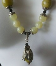 Vintage Heavy Silver-tone End-cap Jade Color Glass Bead Necklace &amp; Earrings Set - £59.64 GBP