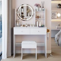 LED Vanity Table Set: 17&quot; Round Mirror, Stool, Power, 3-Color Light, Sto... - $3,091.58 MXN