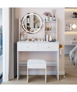 LED Vanity Table Set: 17&quot; Round Mirror, Stool, Power, 3-Color Light, Sto... - $3,081.62 MXN