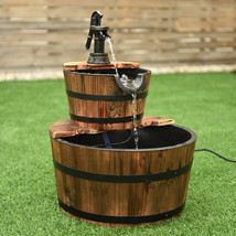 2 Tier Barrel Waterfall Fountain Barrel Wooden Water Fountain Pump Outdoor - $204.99