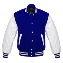 Royal blue Varsity Letterman College Wool Jacket w/White Leather Sleeves... - $66.99