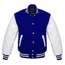 Royal blue Varsity Letterman College Wool Jacket w/White Leather Sleeves XS-4XL - £52.62 GBP