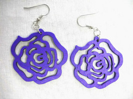 Medium Purple Color Cut Out Rose Flower Silhouette Wooden Flowers Earrings - £5.60 GBP