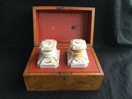 19C Porcelain De Paris Walnut Wooden Tea Caddy W Two Porcelain Bottles, C. 1850 - £558.74 GBP