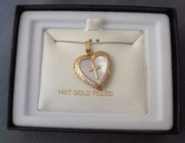 14K Gold Filled Heart Cross Locket Mother Pearl Pendant Necklace in Box - £27.96 GBP