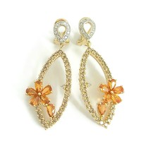 Orange Sapphire Diamond Flower Dangle Drop Earrings 14K Yellow Gold, 4.55 CTW - £3,123.14 GBP