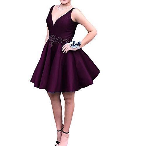 Kivary Satin V Neck Beaded Short Corset Formal Prom Homecoming Dresses Dark Plum