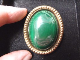 (BR-407) green Malachite gemstone on gold rope trimmed oval brass pin pendant - £28.51 GBP