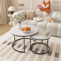 White Nesting Round Coffee Table Set of 2 - Marble Top - $1,397.81 MXN