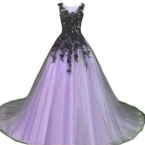Gothic Gray Tulle Long Black Lace Sheer Bateau Prom Wedding Dresses Lavender US