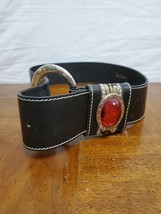 Doppia Vita Black Leather Exta Wide Western Belt Large Stone Buckle 37 I... - $1,008.29 MXN