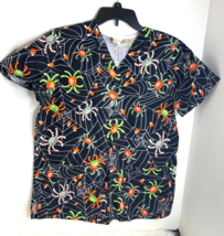 Tafford Womens S Scrub Top Shirt Nurse Medical Halloween Spiders Candy C... - $16.82