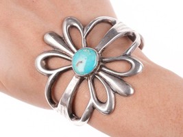 6 3/8&quot; Vintage Navajo Tufa Cast silver bracelet with turquoise - $495.00