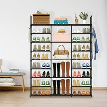 9 Tier Metal Shoe Rack Tall Shoe Organizer For 55 Pairs Shoe Stackable W/2 Hooks - £65.45 GBP