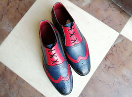 New Handmade Lace Up Wing Tip Shoes, Men&#39;s Burgundy Navy Blue Leather Brogue Sho - £114.95 GBP