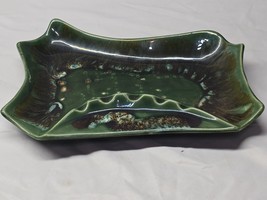 Vintage Ashtray USA Made MCM Ceramic Rectangle Abstract Dark Green Drip Glaze - $18.60