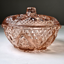 KIG Malaysia Vintage Pink Depression Glass 5.25&quot; Candy Dish w/Lid Roses ... - $15.75