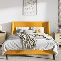 King Size Upholstered Linen Blend Headboard Wingback Platform Bed in Yellow - $9,151.02 MXN