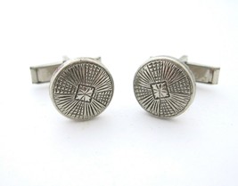 Vintage Button Cufflinks Silvertone Men&#39;s Lined Patterned Round Circle Costume - £10.05 GBP