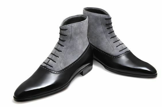 Men High Ankle Two Tone Gray Suede Black Genuine Leather Handmade Boots US 7-16