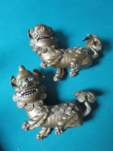 Antique Gold Wash 2 Chinese Foo Dog Articulated Pieces Hand Made 7X 7&quot;[*SMLL] - £155.54 GBP