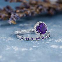 1.98Ct Round Cut Amethyst 14K White Gold Over Wedding Bridal Ring Set For Gift - £79.21 GBP