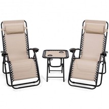 3 Pieces Folding Portable Zero Gravity Reclining Lounge Chairs Table Set... - £123.73 GBP