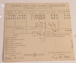 Vintage Central New York Power Company Invoice Bill August 30 1944 Utika Box 2 - £7.85 GBP