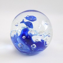 Handmade Blue Fish Glass Paperweight Ocean Waves Bubbles 3 Inch Ball - £26.65 GBP