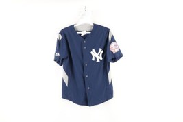 Vintage Majestic Womens Small Spell Out New York Yankees Baseball Jersey Blue - £47.43 GBP